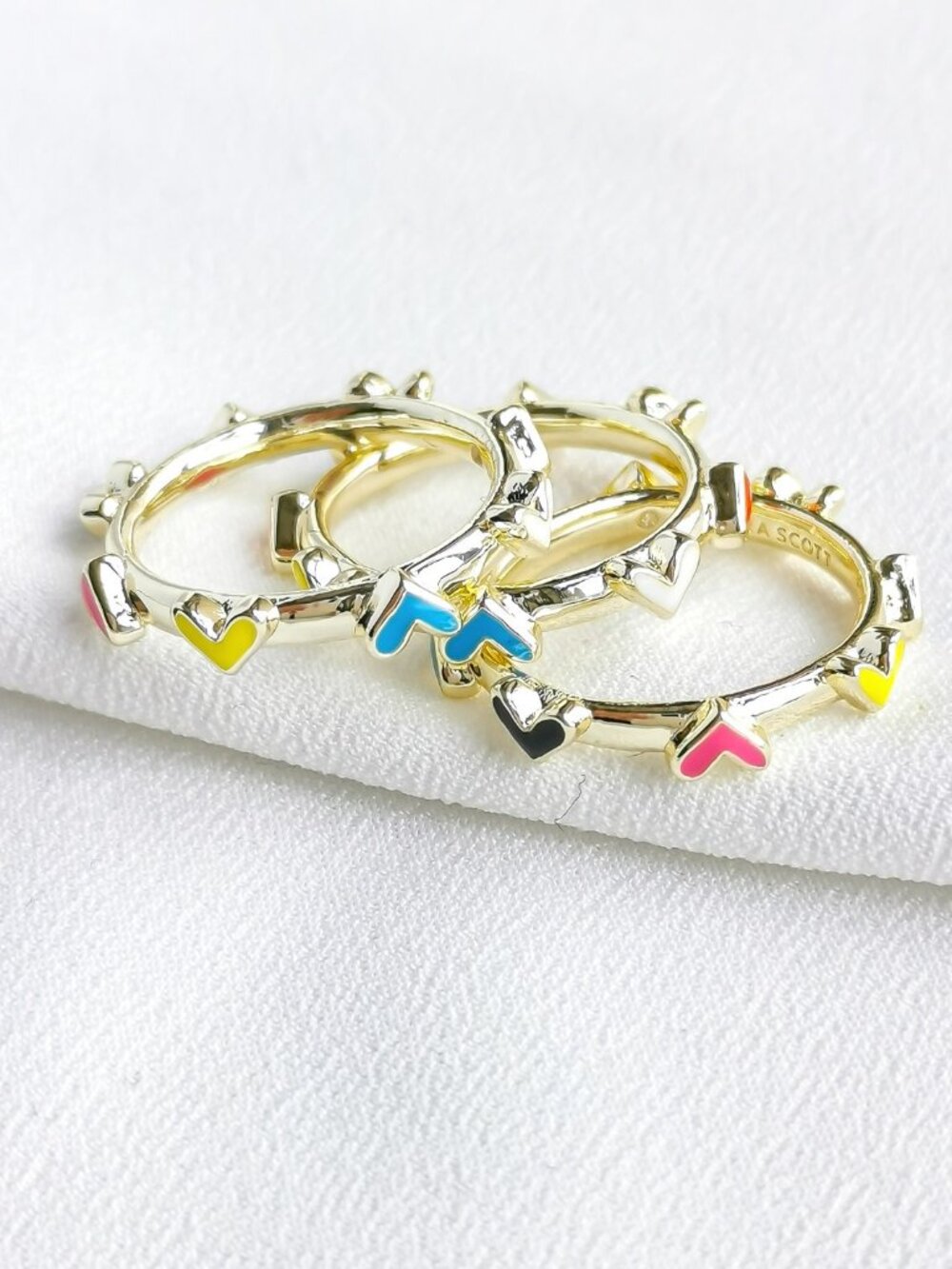 Kendra Scott Gold Rings with Yellow, Blue, Pink and Black Enamel Hearts